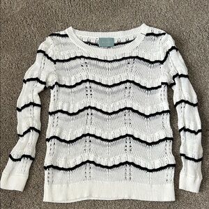 Skies Are Blue Women’s White Knit Sweater with Black Stripe Detail
